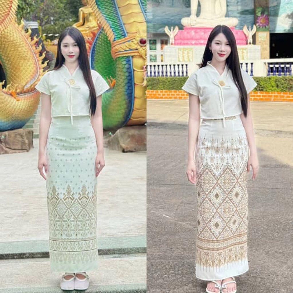 ชุดเซตผ้าไทย เสื้อสไตล์ล้านนาและกระโปรงอัดกาว